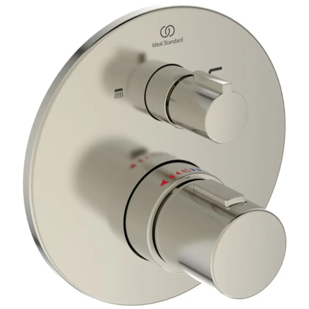 Thermostat von Ideal Standard mit zwei Reglerschaltern auf einer runden Rosette. Der obere Regler steuert die Duschfunktion, der untere die Temperatur.